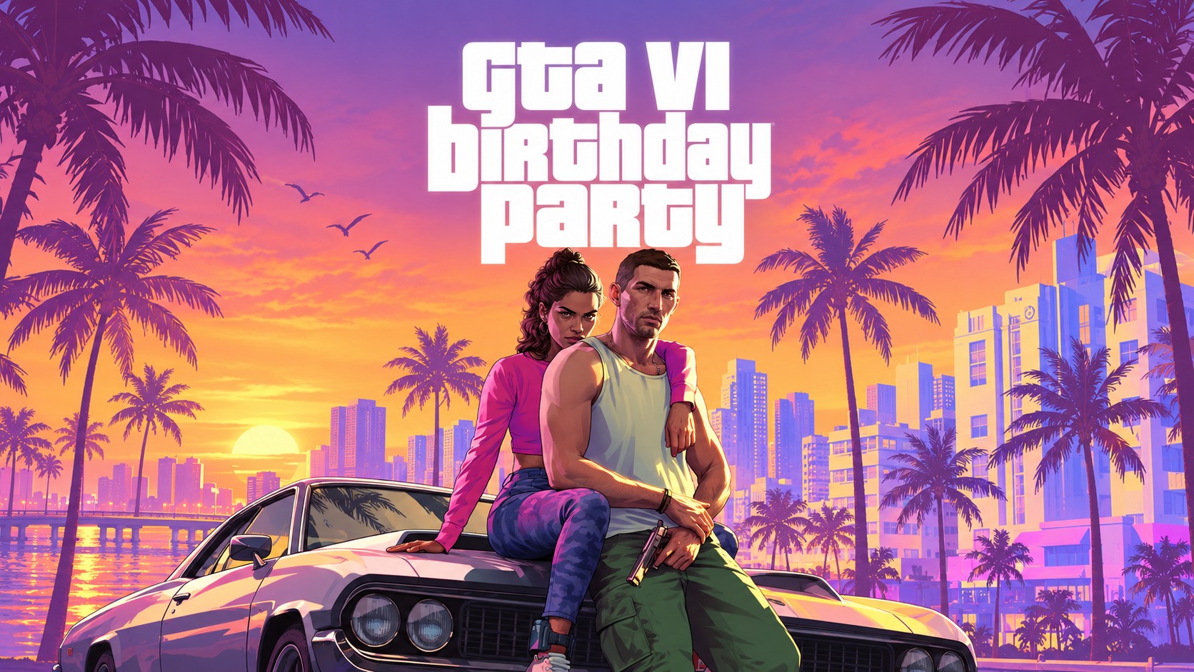 GTA VI birthday party — Люсия и Джейсон на машине, пальмы и закат
